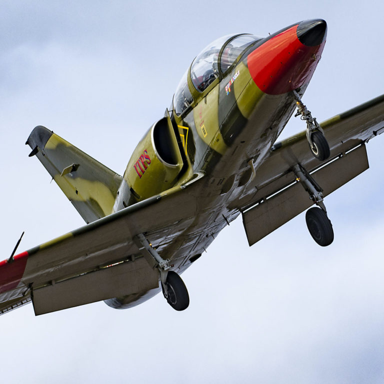 Photo of green camoflauge L-39 jet aircraft flying with wheels down.