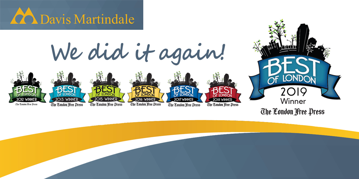Davis Martindale London's Best Accounting Firm 2020 Best of London Awards 2012-2019 with text "We did it again"