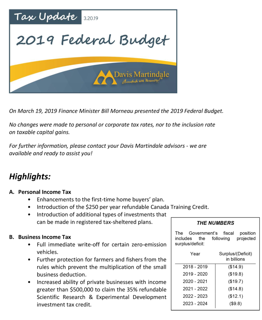 2019 Federal Budget Tax Update 2019