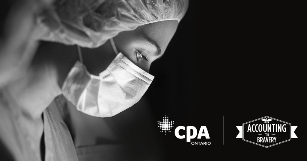 Health Care Worker in Black and White with CPA Ontario Logo and Accounting for Bravery