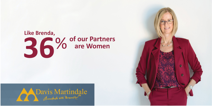 Brenda Social Media post Picture of Brenda with text "Like Brenda 36% of our Partner are Women" in Red Text