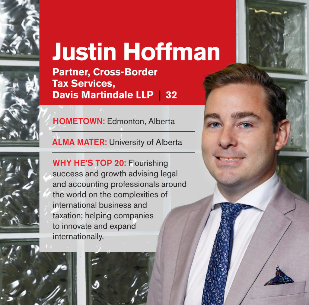 Justin London Inc. Article intro Picture of Justin Hoffman (Partner Cross-Border Tax Services) with text about "Why He's Top 20" "Hometown" and "Alma Matter"