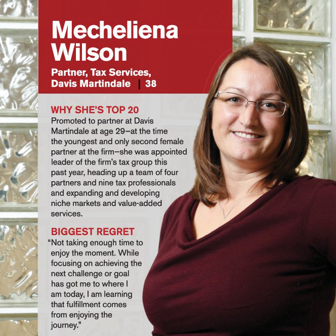 Mecheliena Wilson-col Picture of Mecheliena Wilson (Partner Tax Services) with text about "Why She's Top 20" and "Biggest Regret"