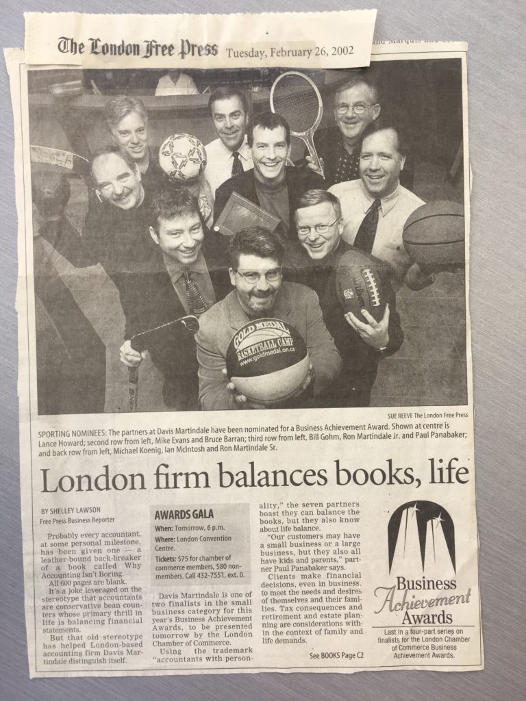 Sports Hall of Fame newspaper clipping London Free Press Article Titled "London Firm Balances Books, Life"