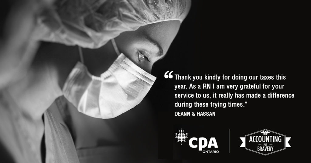 Testimonial 1 Health Care Worker in Black and White with CPA Ontario Logo and Accounting for Bravery
