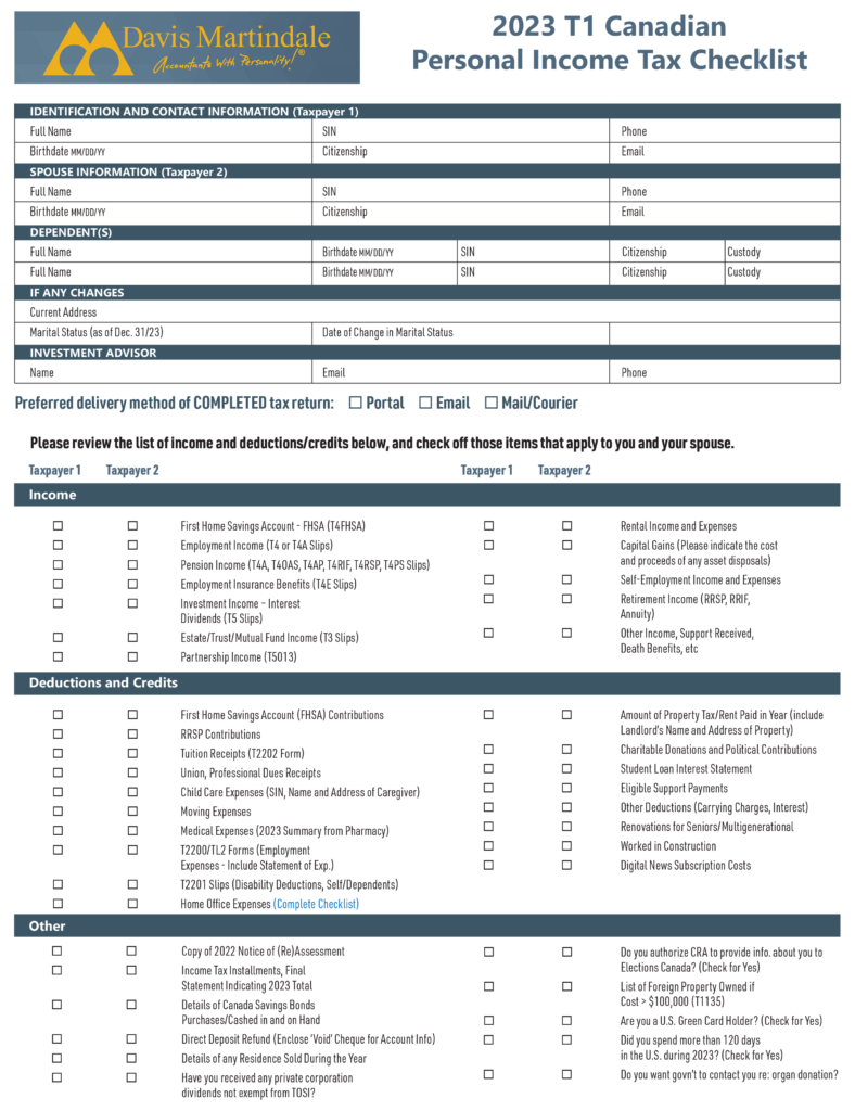 T1 Canadian Personal Income Tax Checklist 2023 | Tax Resources