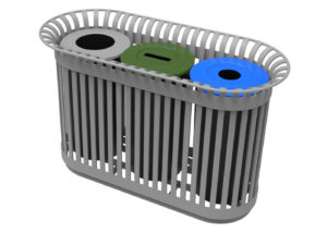 Trash unit with a grey, green and blue lid