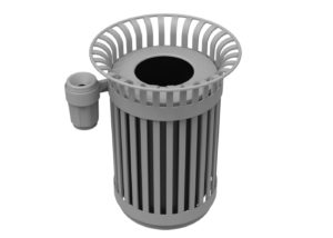 Grey metal trashcan with side attachment