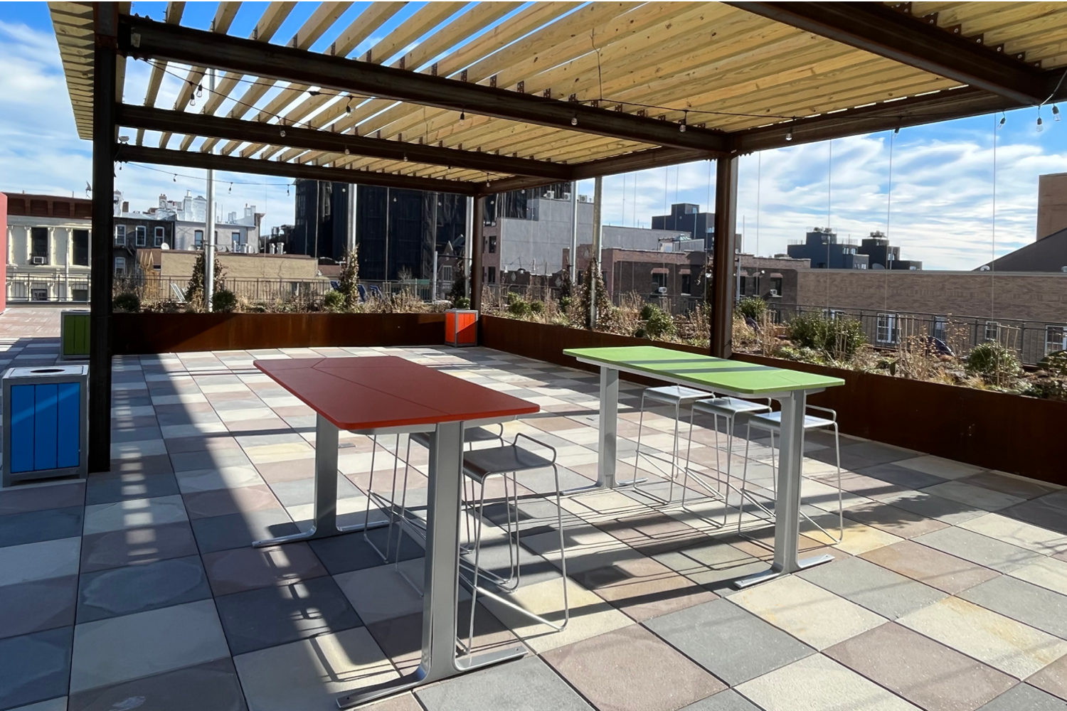 Ancora tables and Kontur stools on roof-top patio
