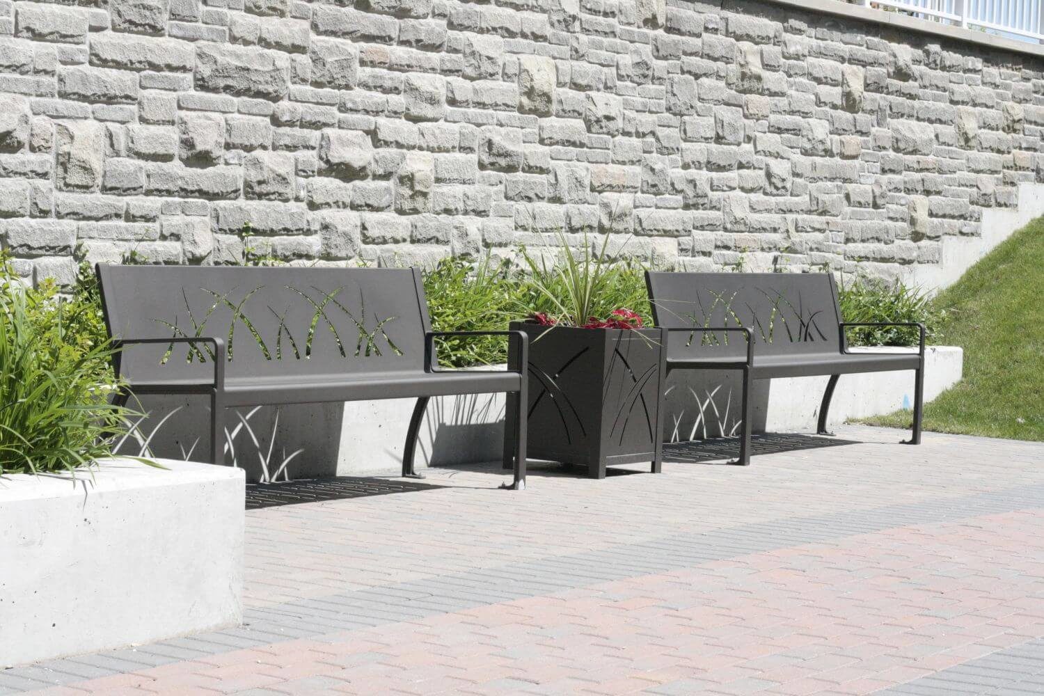 970 Benches and 400 Planters against stone wall