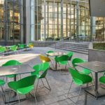 Green chairs and silver tables