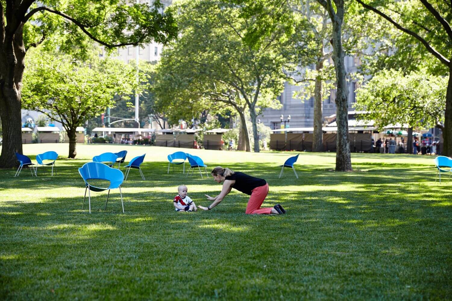 Blue chairs with woman and child