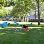 Blue chairs with woman and child