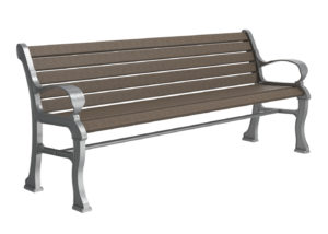 Backed Bench in Dark Brown with Horizontal Wood Slats and End Arms