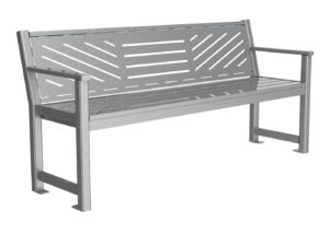 Grey Backed Bench with Design on Back and End Arms