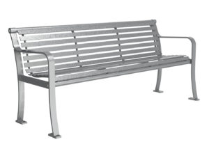 Grey Bench with Horizontal Slats and Arms