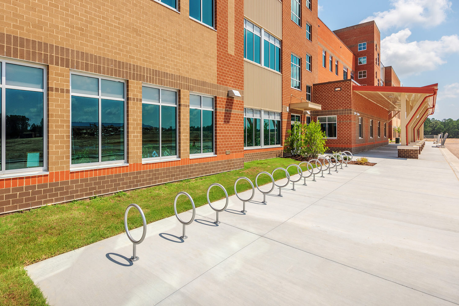 MBR-0150 Bike Racks lined up in front of school