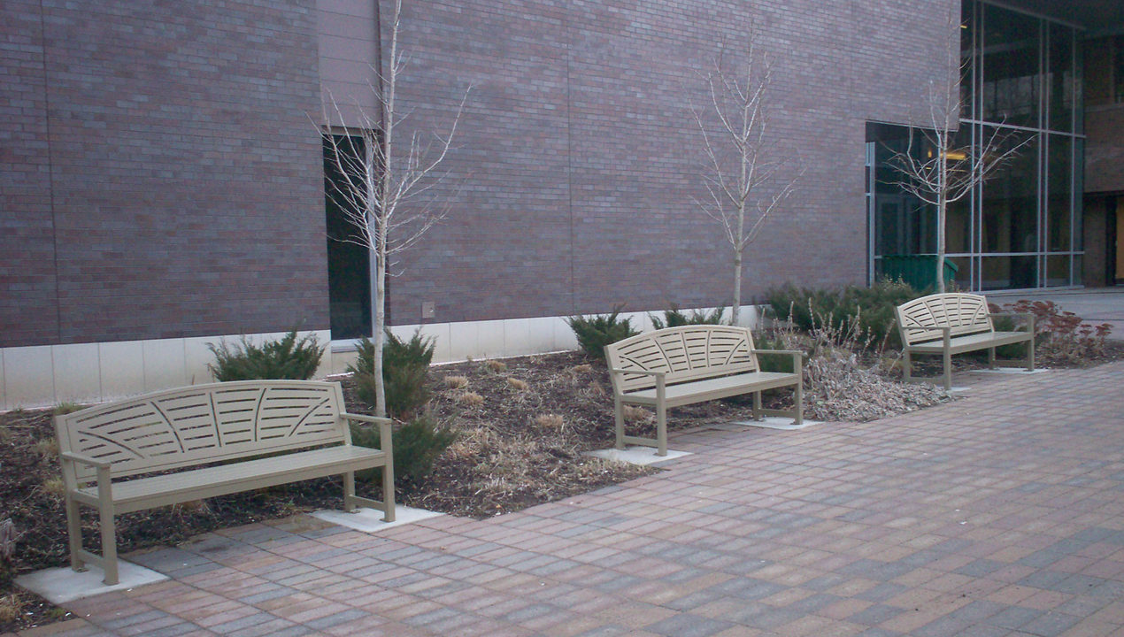 Metal Backed Benches near Building