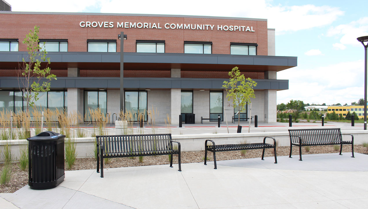 mbe-0510-series_metal_1 Two Backed and One Backless Bench Outside of Hospital