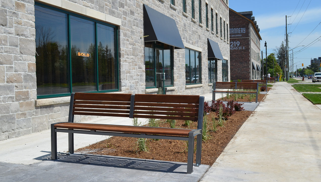 Backed Wood Benches Near Commercial Area