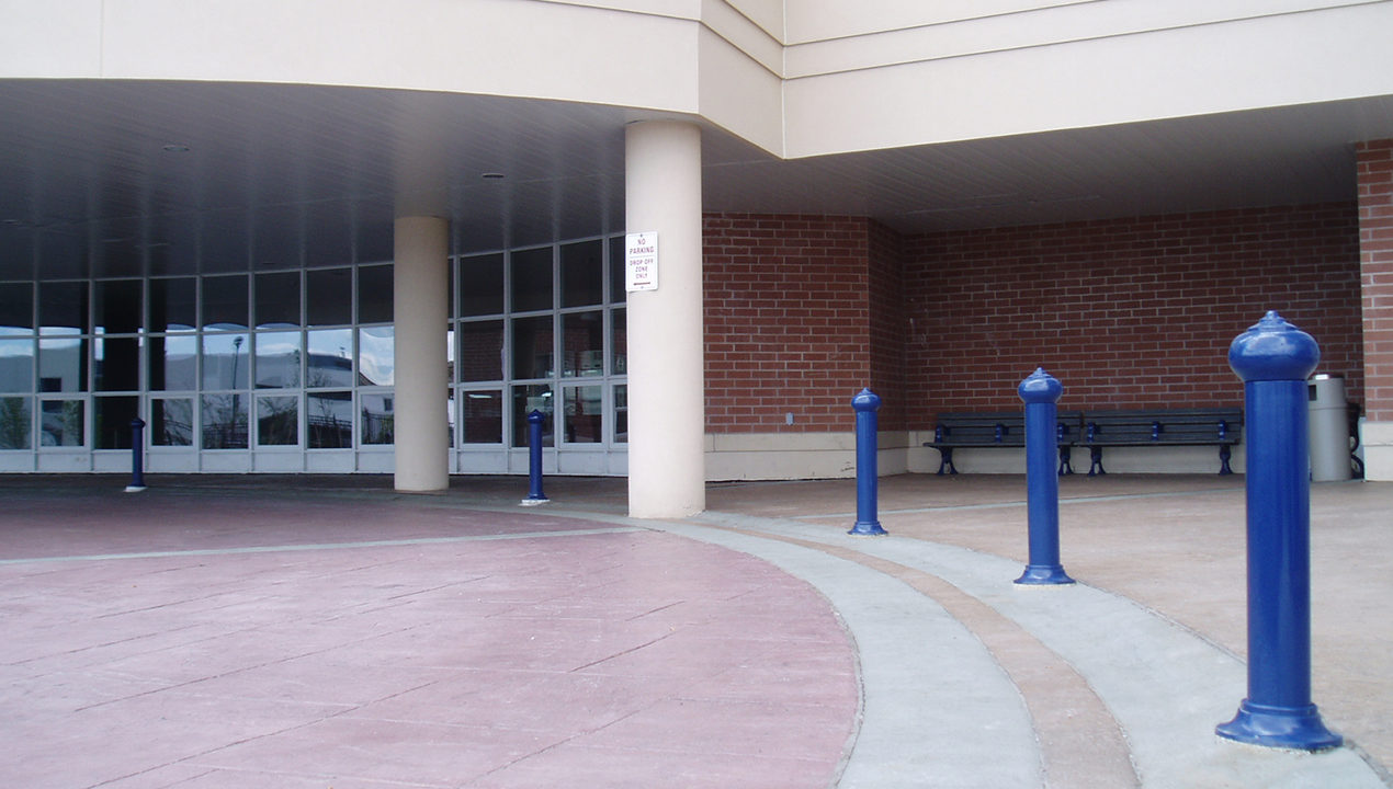 Blue Bollards outside building
