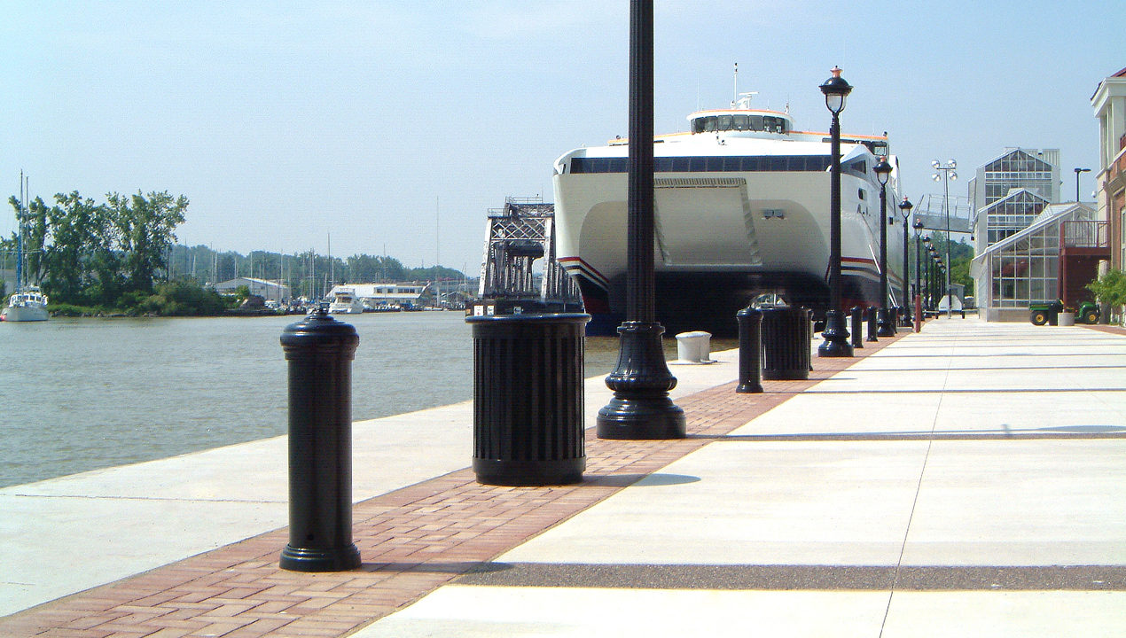 Bollards and Trashcans along water