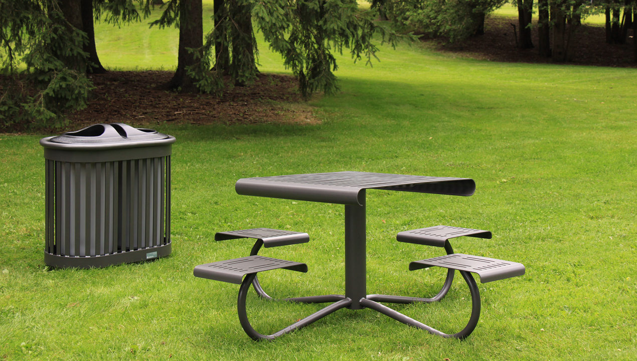 Metal Table with Attached Individual Seating Outside