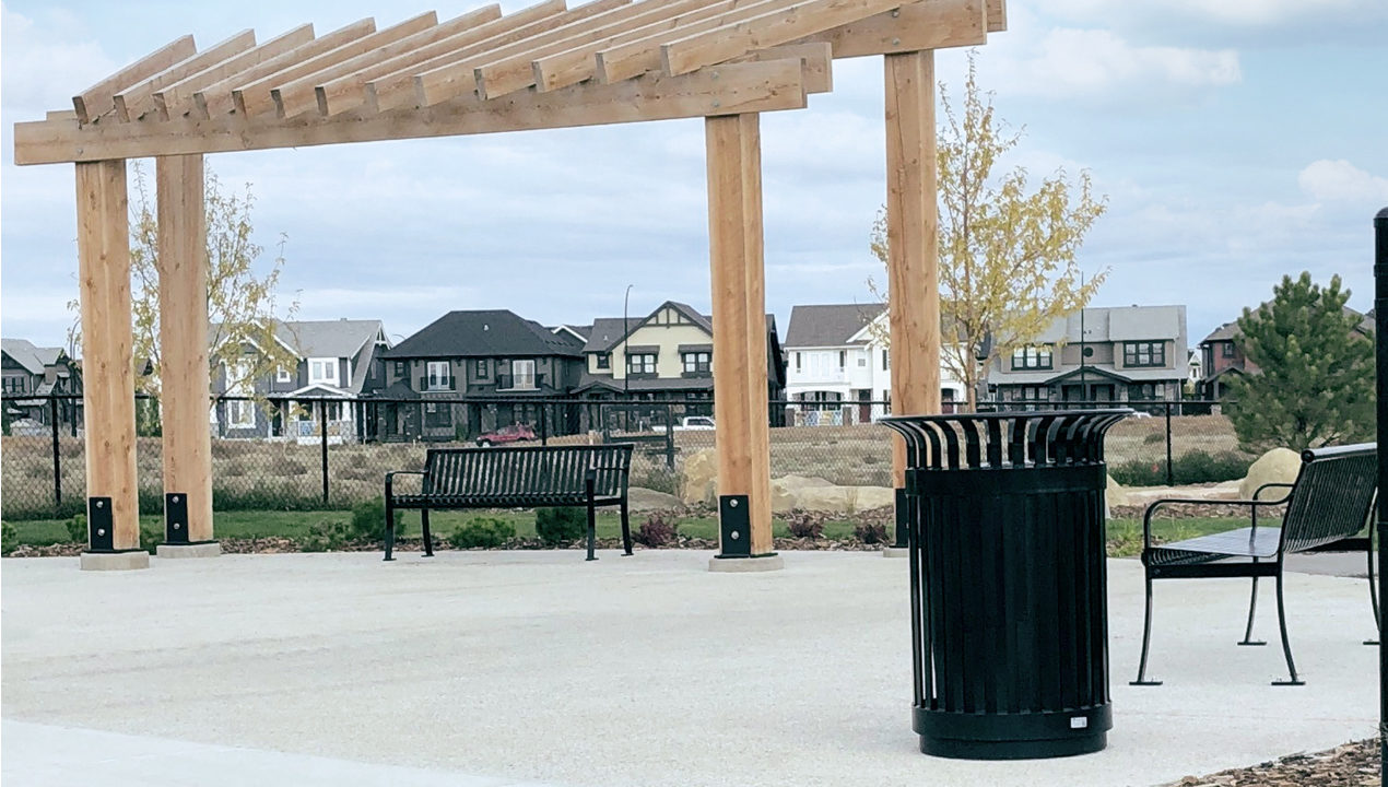 Black Benches and Trash Can Near subdivision