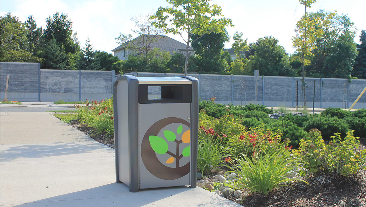Trash Can outside near Garden