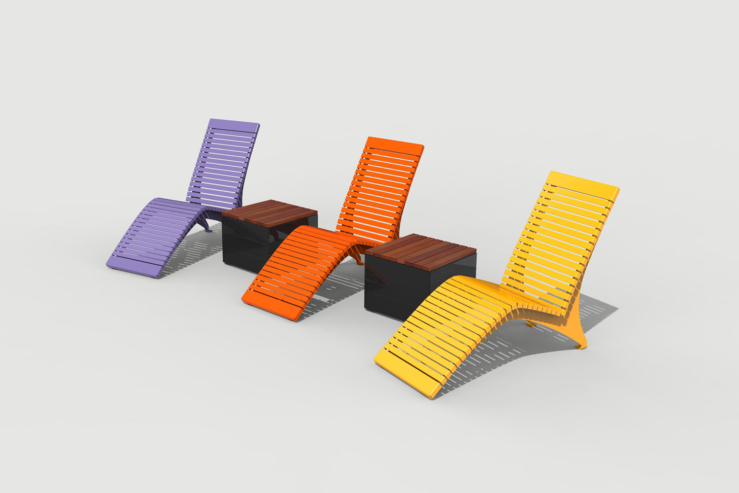 Purple, Orange and Yellow 720 Lounge Chairs with Pixel Blocks as Side Tables
