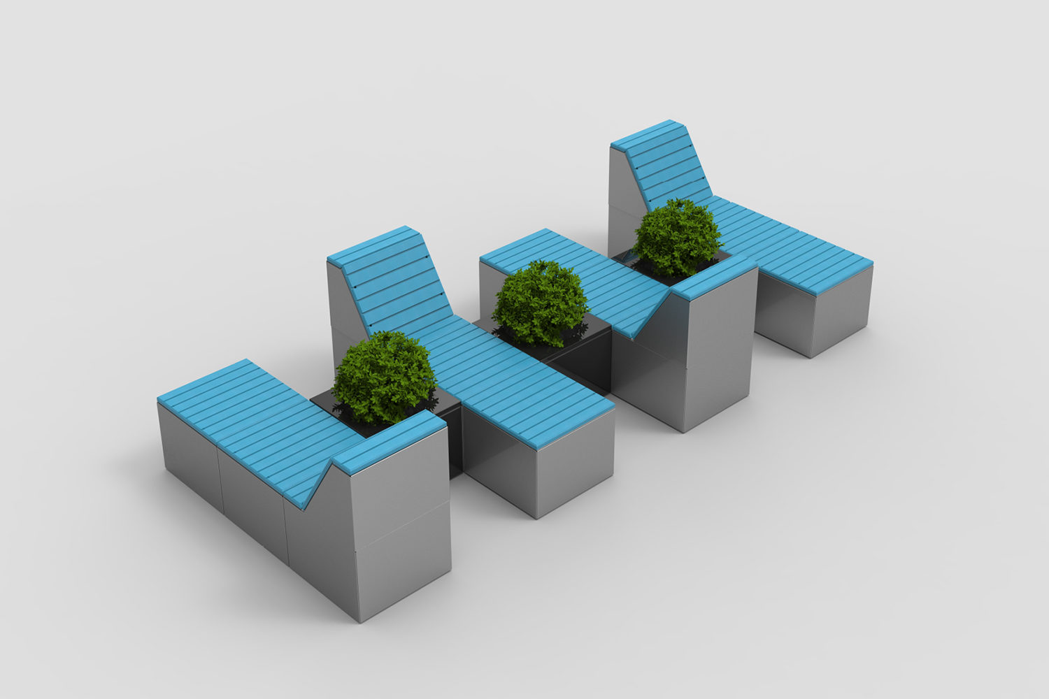 Pixel layout with blue HDPE tops and planters, tall blocks