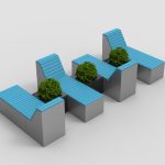 Pixel layout with blue HDPE tops and planters, tall blocks