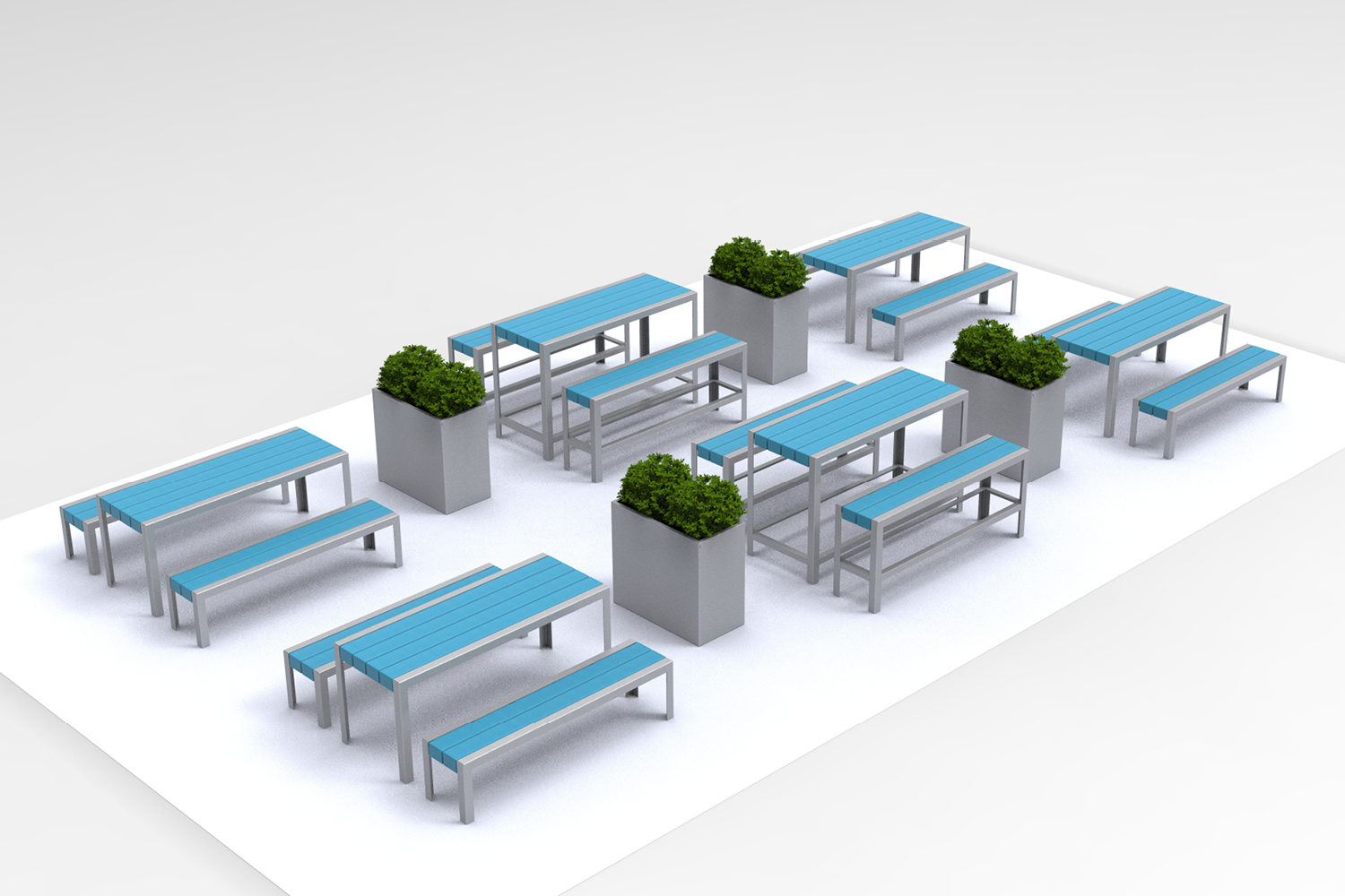 1050 Tables and Benches paired with 1500 planters