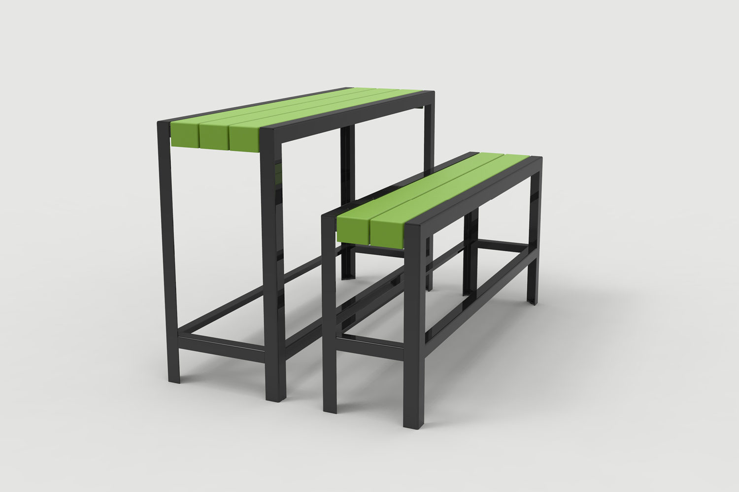 1050 Layout ML1050-00001: Bar Height Narrow Table, Backless Bench, Orange Peel HDPE Green