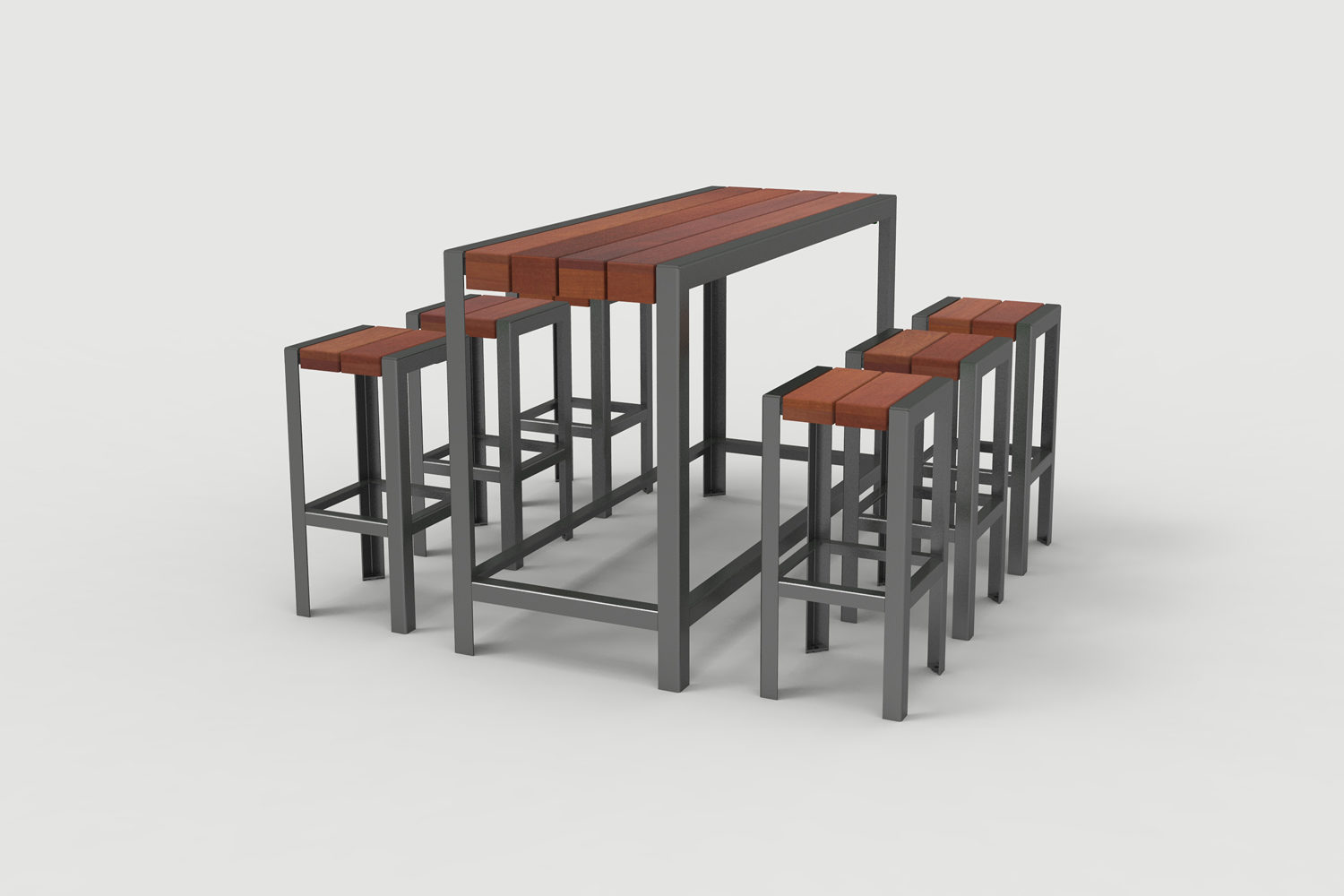 1050 Layout ML1050-00017: Bar Height Table, Backless Stools, Ipe Wood