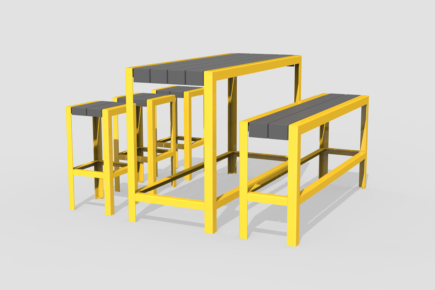 1050 Layout ML1050-00025: Bar Height Table, Backless Bench and Stools, Orange Peel HDPE Grey