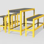 1050 Layout ML1050-00025: Bar Height Table, Backless Bench and Stools, Orange Peel HDPE Grey