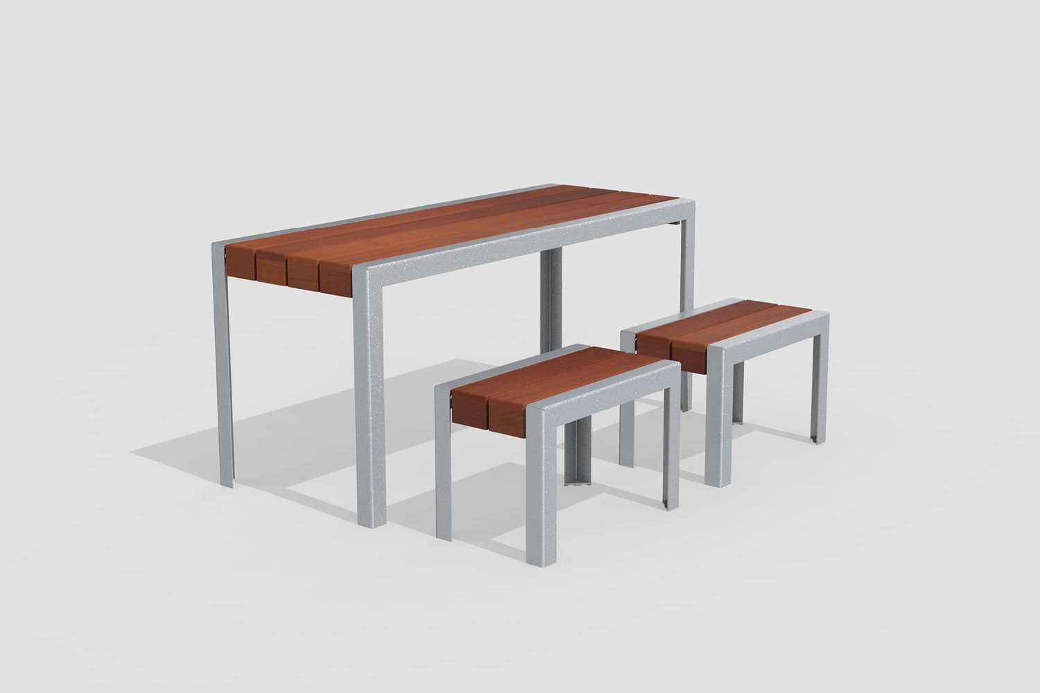 1050 Layout ML1050-00034: Standard Table Height, 2x Short Backless Benches, Ipe Wood