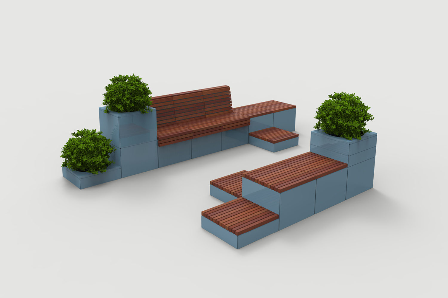 Pixel Layout PLF2200-00054: Blue painted blocks with wood and planters
