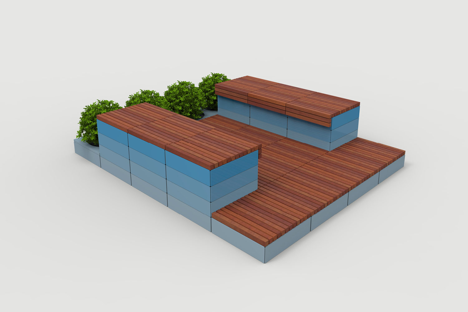 Pixel Layout PLF2200-00057: Short Blocks with Ipe square profile tops and planters, gradient blue paint