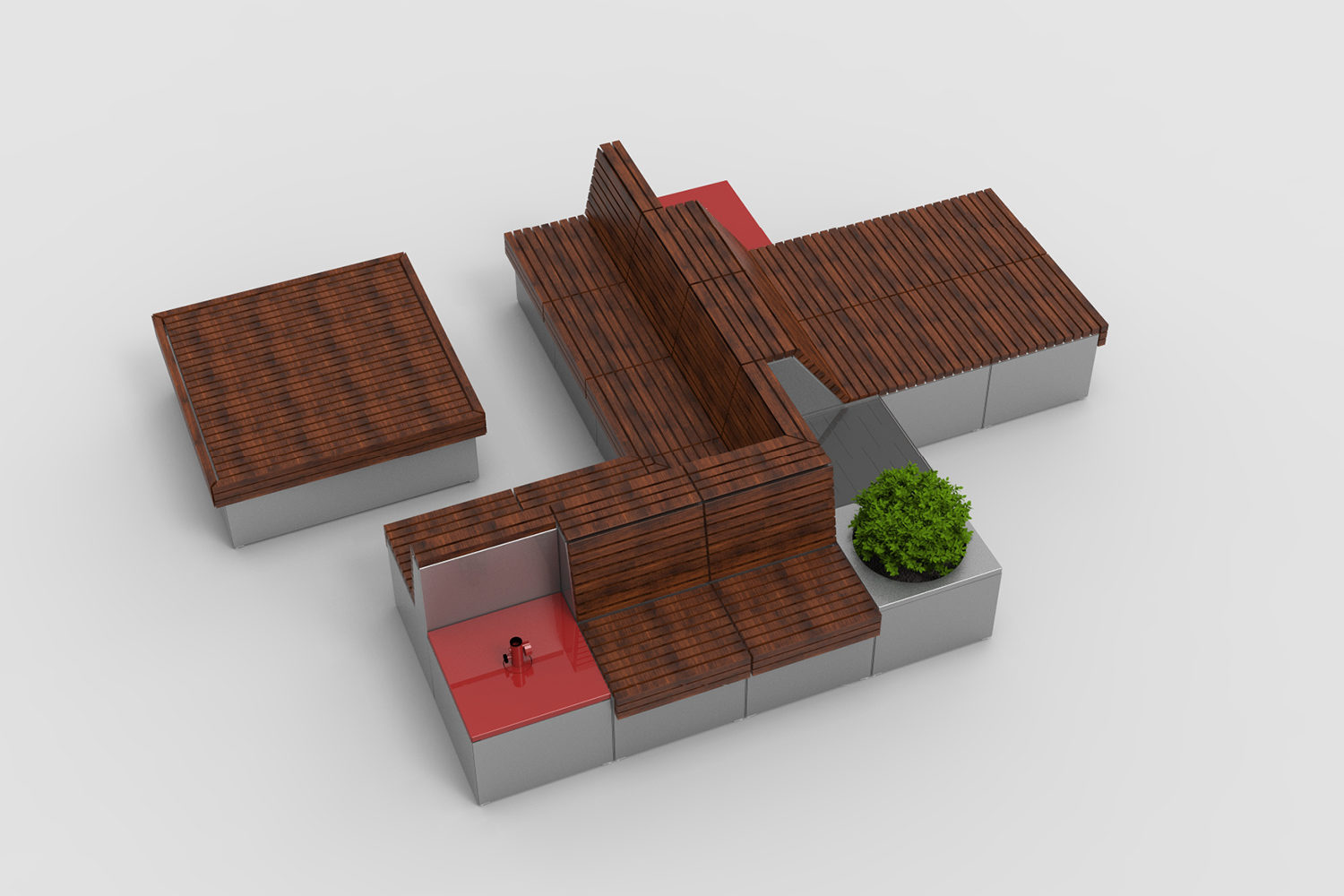 Pixel Layout PLF2200-106863: Large 4 x 4 block with cladding, umbrella mounts for shade, lounge seating and planters