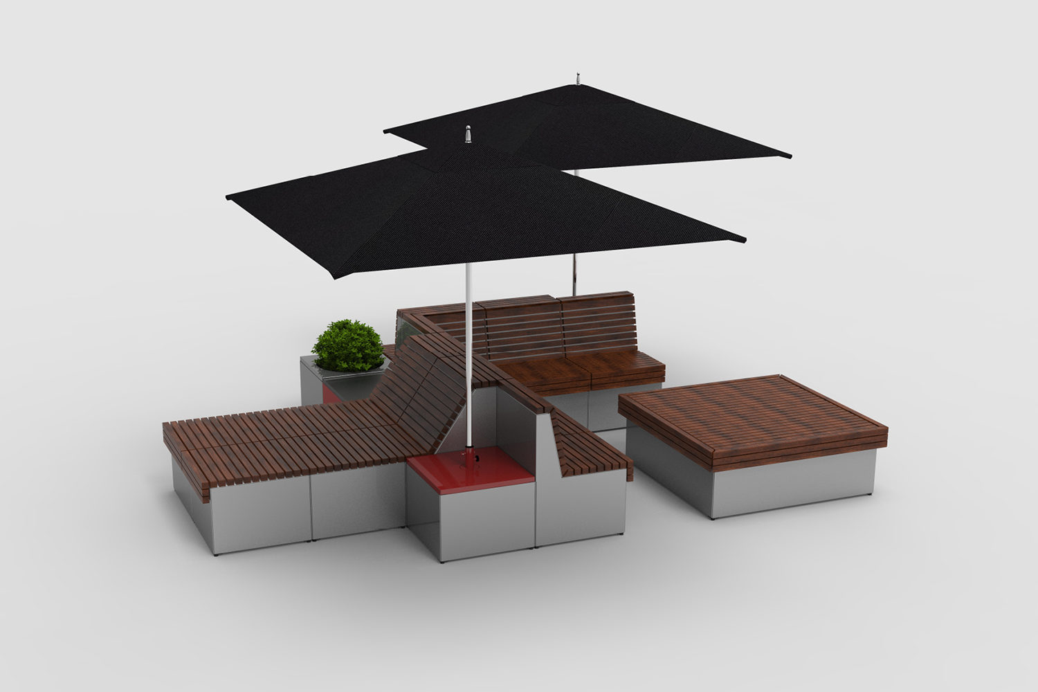 Pixel Layout PLF2200-106863: Large 4 x 4 block with cladding, umbrella's for shade, lounge seating and planters