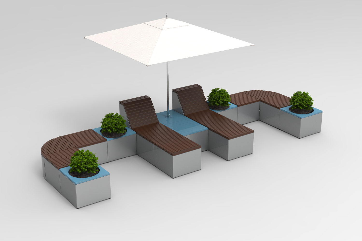 Maglin Backed and Backless Pixel Layout PLF2200-108390 with wood slats, rounded corners, planters and an umbrella