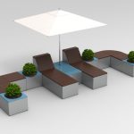 Maglin Backed and Backless Pixel Layout PLF2200-108390 with wood slats, rounded corners, planters and an umbrella