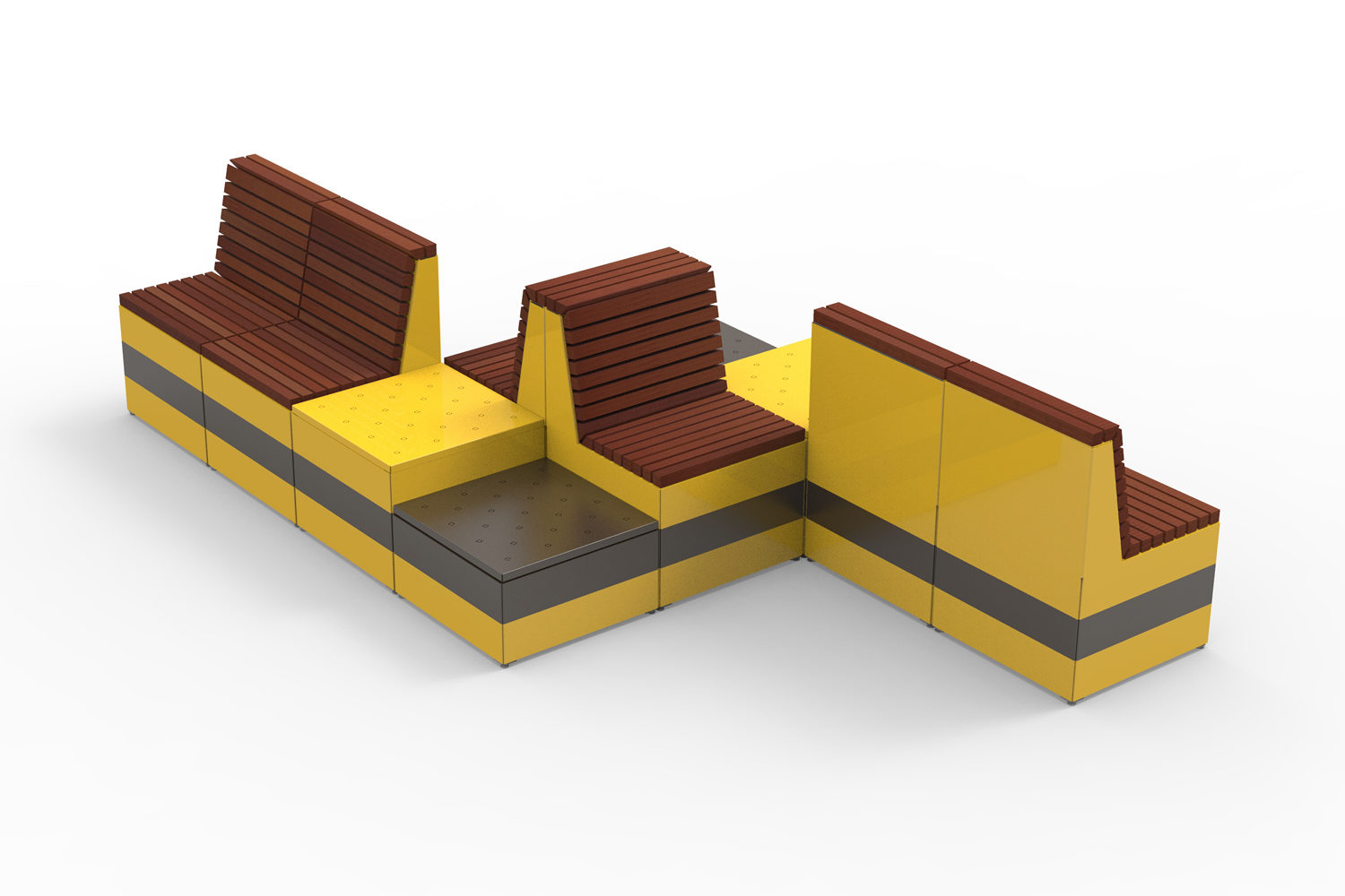 Pixel Layout painted yellow and bronze with wood and metal tops