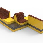 Pixel Layout painted yellow and bronze with wood and metal tops