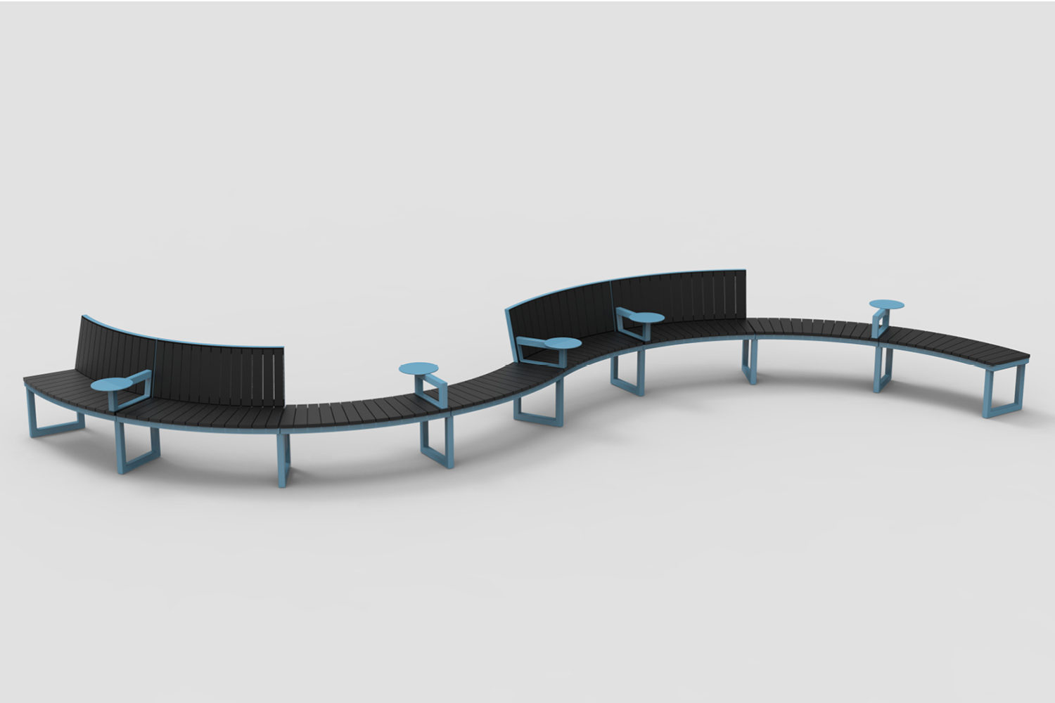 Backed and Backless Ogden layout with armrests and integrated table tops, HDPE Black, Pastel Blue Powdercoat