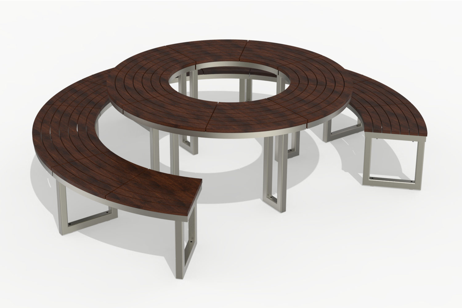 Ogden Layout: Curved bench with circular table, Thermal Ash Wood, Left to Right Slats
