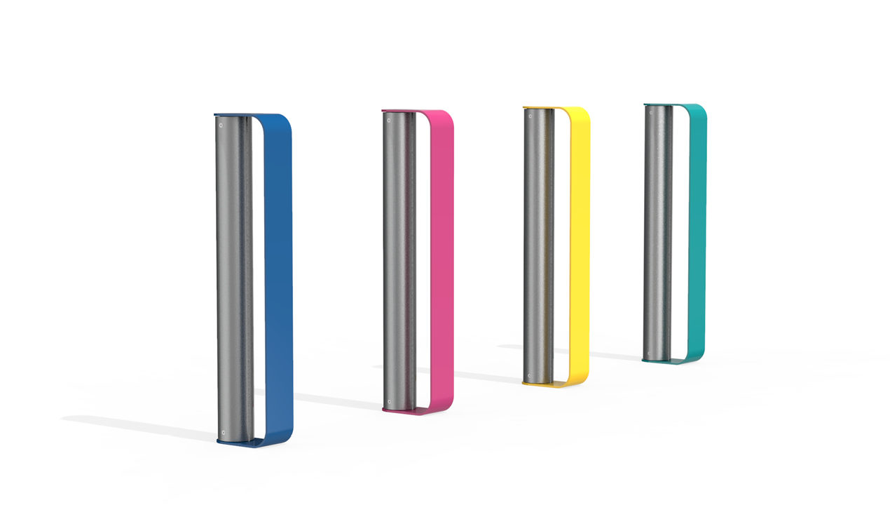 MUG Bike Racks painted gloss blue, magenta, yellow and turquoise