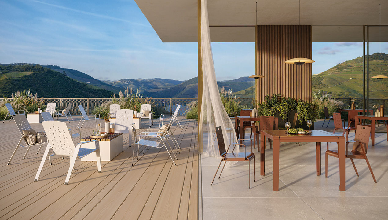 2700-series_alum-chairs-tables 2700 Series - ALUM Collection of tables and chairs both inside and outside with mountain backdrop